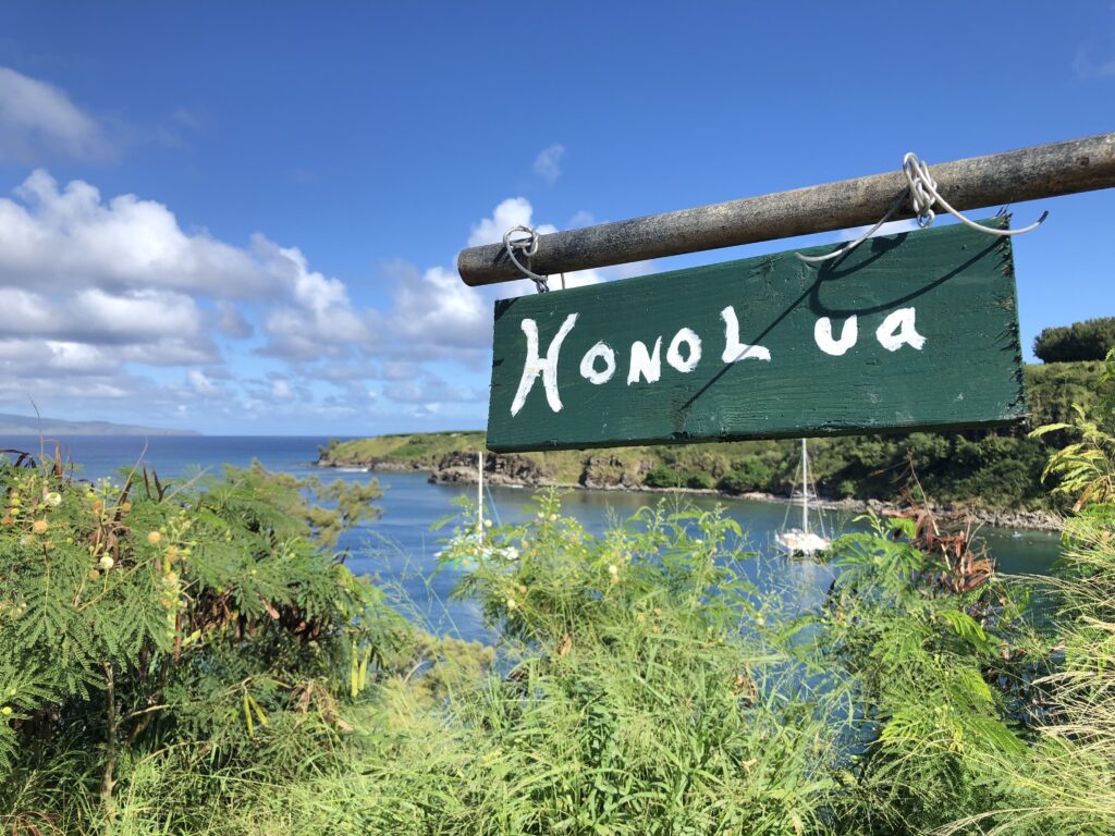 Honolua sign with water cove background