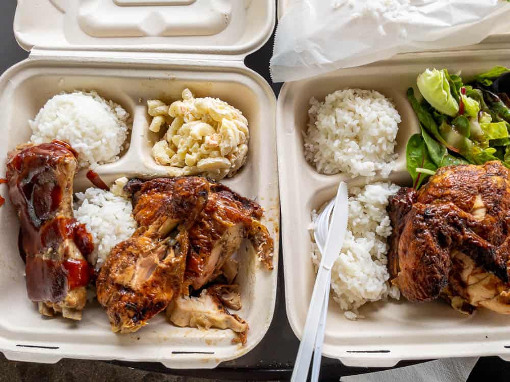 Huli huli chicken, ribs, rice, mac salad along the Road to Hana, Maui.