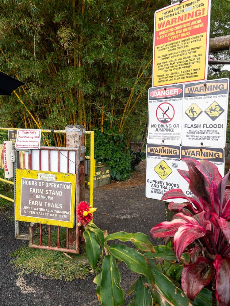 Entrance signage to Twin Falls along the Road to Hana, Maui.