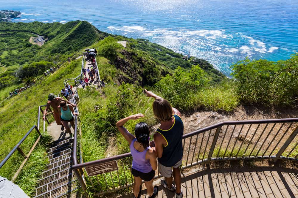 Tourists walking up the steps at Leahi in Honolulu