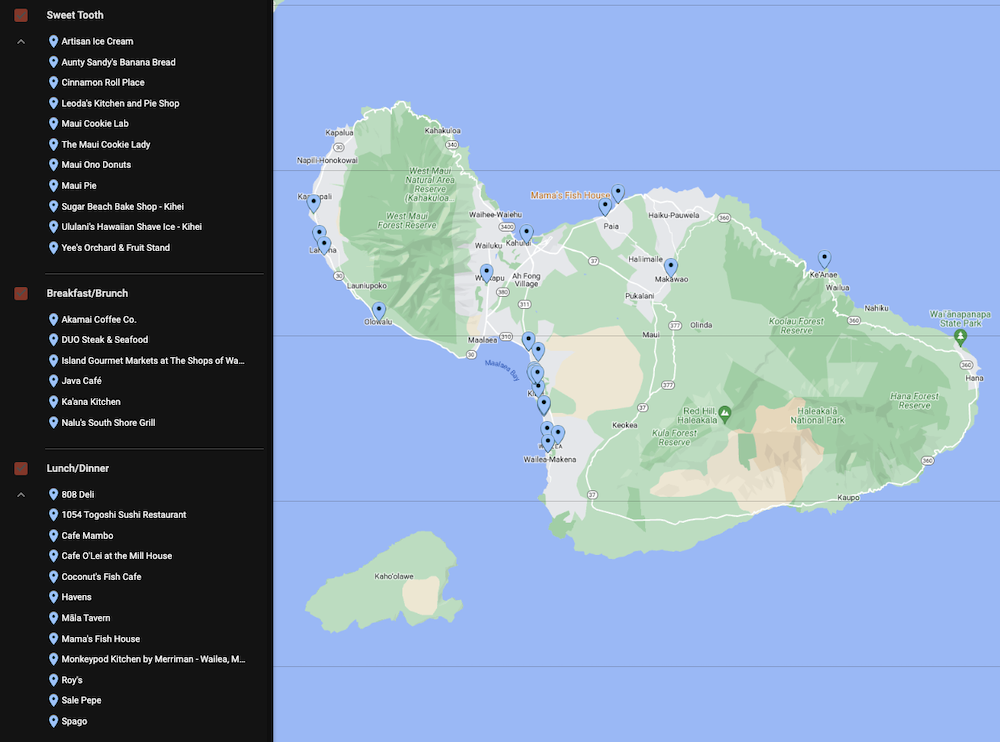 Google Map of Maui, Hawaii with a list of best restaurants as rated by Maui Trip Guide blog.