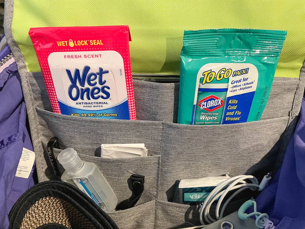 Wet wipes, Clorox wipes, hand sanitizer, and charging cable inside of an airplane organizer bag