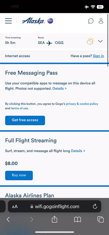 Screenshot of Alaska Air's internet access mobile page.