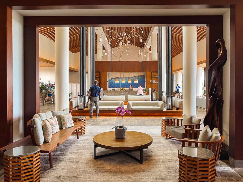 The lobby desk and seating at the Andaz Maui in Wailea