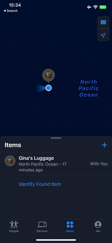 Screenshot of Apple's Find My app tracking an item.