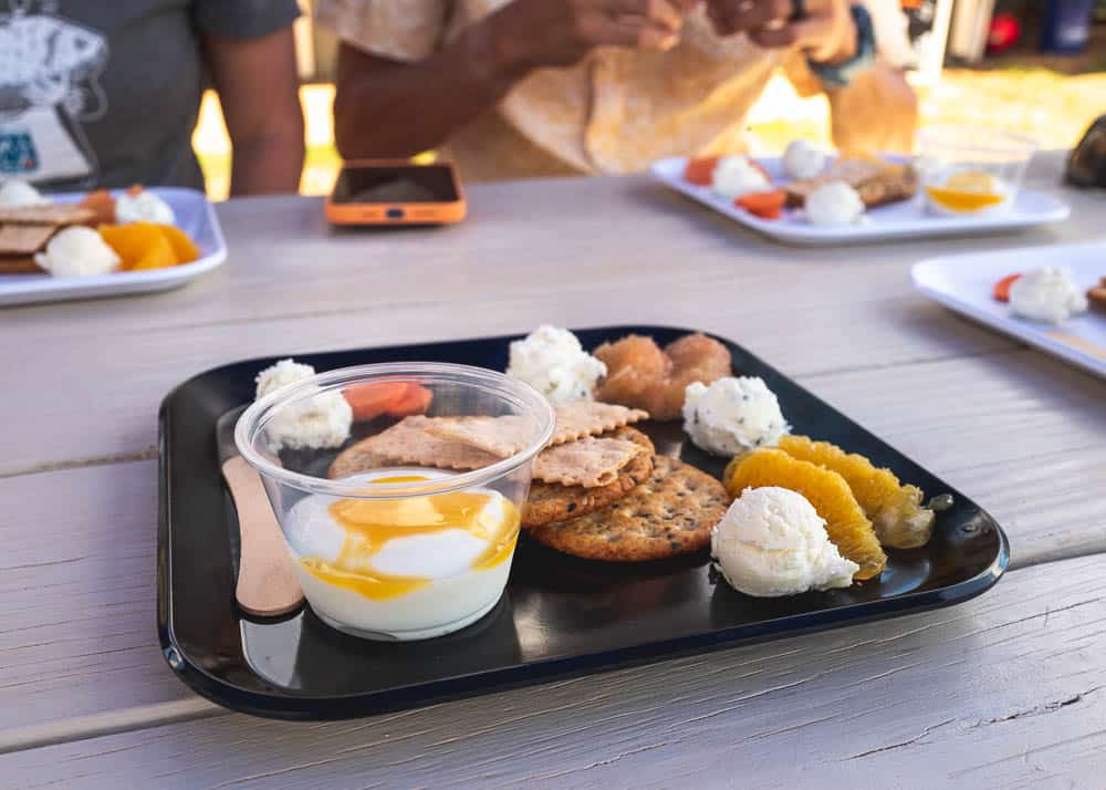 Sampling of goat cheese and skyr yogurt at Haleakala Creamery in Kula, Maui