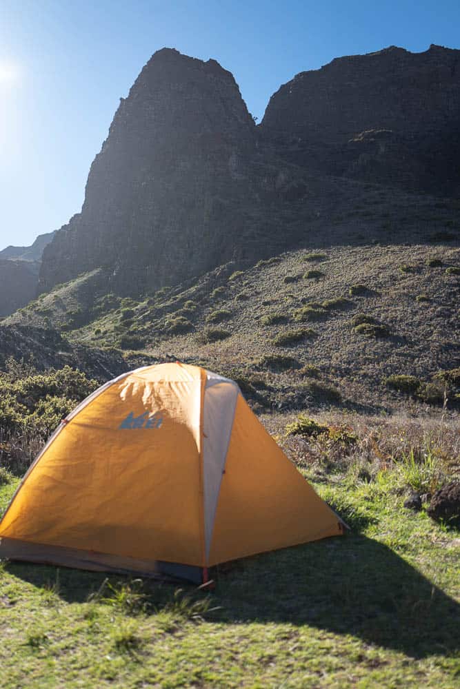 A yellow tent on the grass with a geological outcropping in the distance at Holua campground, Haleakala National Park