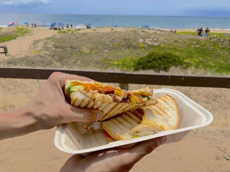 Hand holding a grilled sandwich with beach and ocean in the background