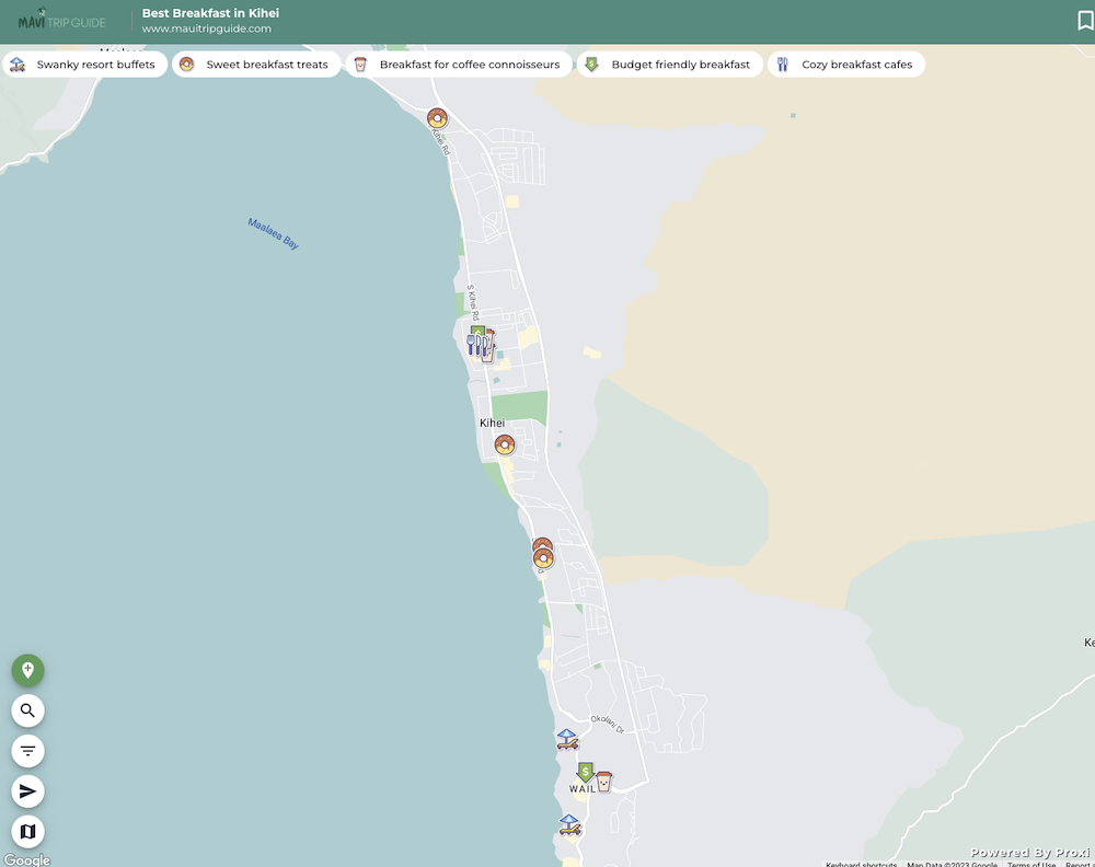 Map image showing the locations of each breakfast restaurant on this list of best breakfast places in Kihei Maui