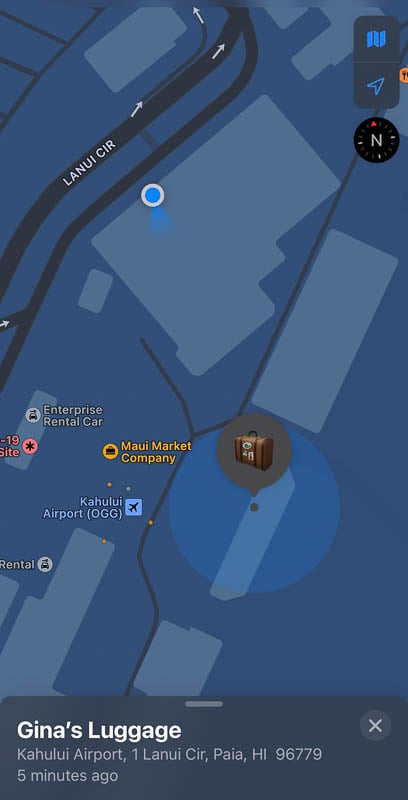 Screen shot of Apple's Find My using an AirTag at Kahului Airport.