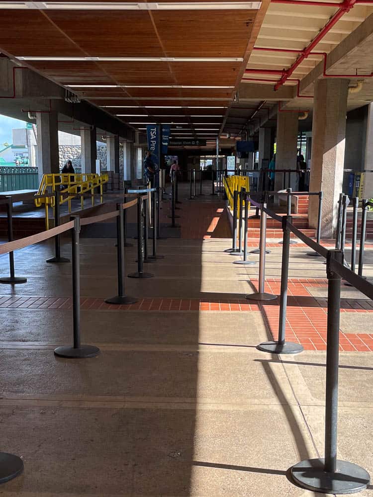 A nearly empty queue for Kahului Airport's TSA PreCheck security line.