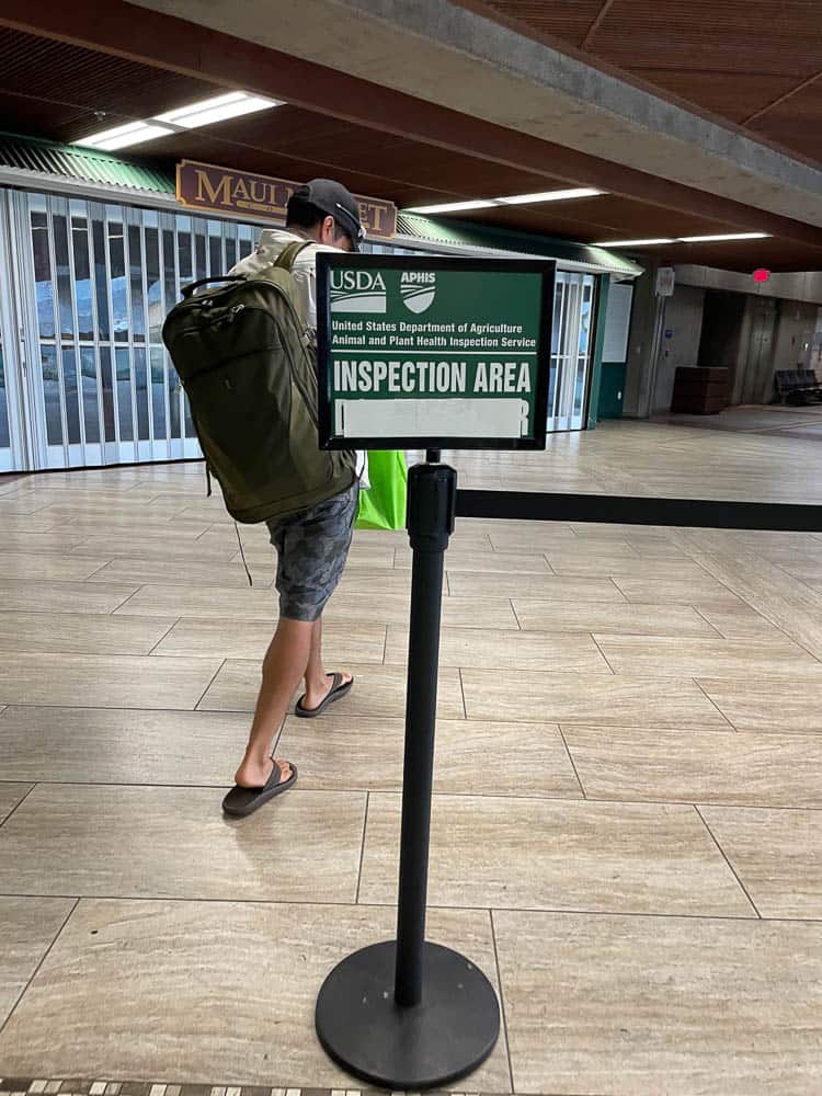 A man with a backpack walks past a sign denoting the USDA Inspection Area at Kahului Airport on Maui, Hawaii.