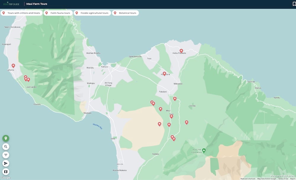 Maui map with location points for farm tours