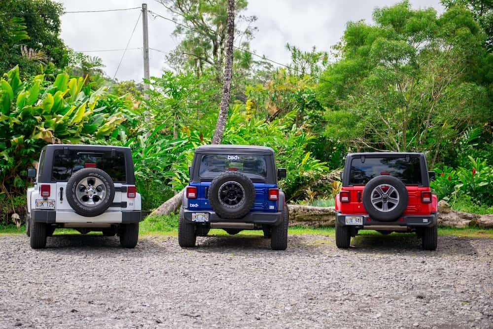 White, blue, and red Jeeps parked on gravel with trees in the background