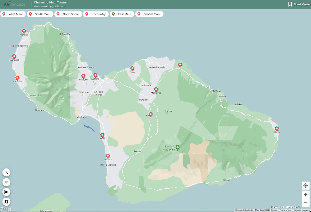 Map of Maui illustrating the location of each town detailed in this article.