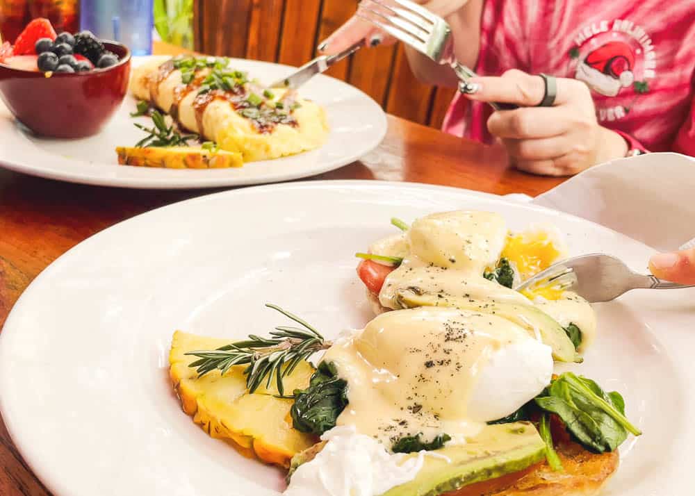 Eggs benedict and omelette plates at Nalus South Shore Grill in Kihei Maui