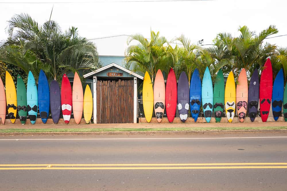 Colorful surfboards act as a fence in front of a building and palm trees in Maui Hawaii