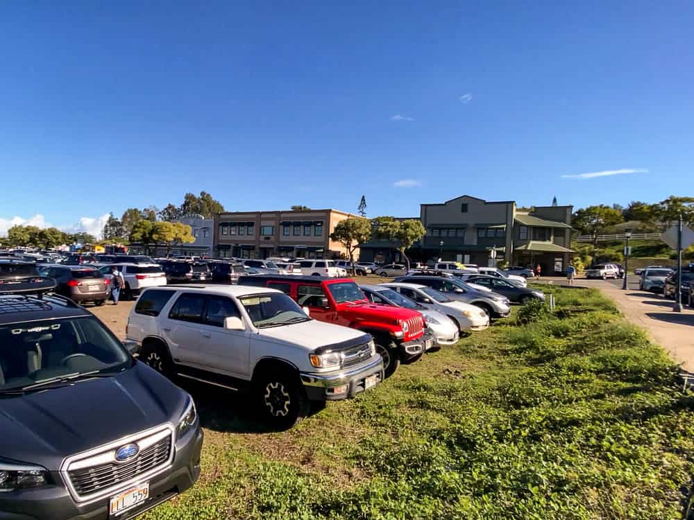 Parking lot full of cars in Upcountry Maui, Hawaii