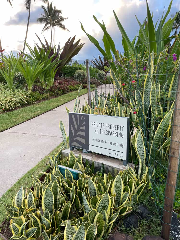 Private Property sign among the landscaping at Wailea Elua