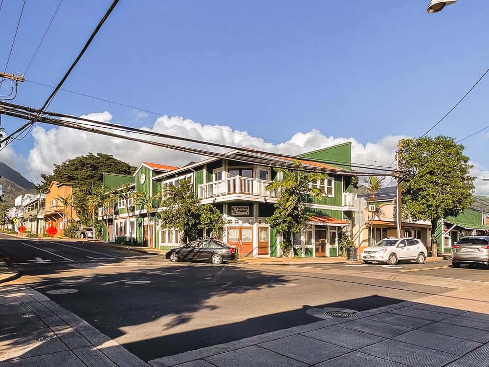 A green building at an intersection in Wailuku, Maui